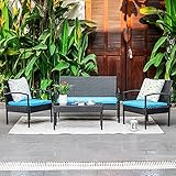 M&W 4 Piece Patio Furniture Set, Wicker Rattan Outdoor Sofa and Table Set, Patio Loveseat Chairs for Garden, Backyard, Porch, Balcony, Lawn, Poolside, Turquoise (Throw Pillow NOT Included)