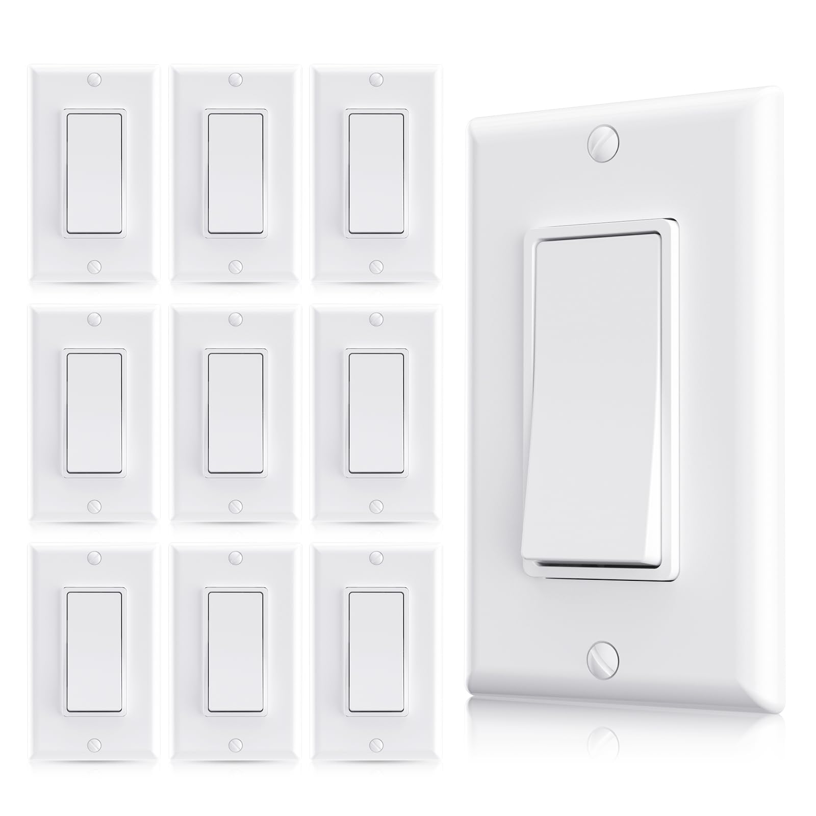 AIDA Single Pole Rocker Decorator Light Switch, 15 Amp Self-grounding Electrical Light Switches, Wall Plate Included, Residential Grade, UL Listed (10
