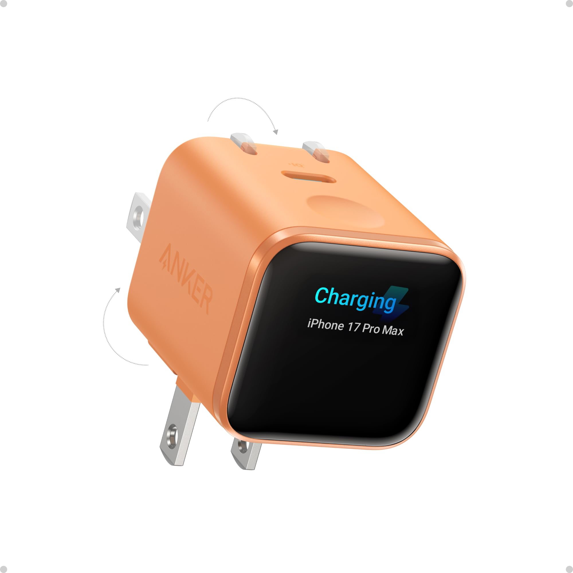 Anker Smart Display Charger,Anker Nano 45W Max GaN Fast Charging USB C Charger Block,180° Foldable Plug,Smart Recognition,Built-in Care Mode,for iPhone17/16/15(Non-Battery,One USB-C Port,No Cable) Orange