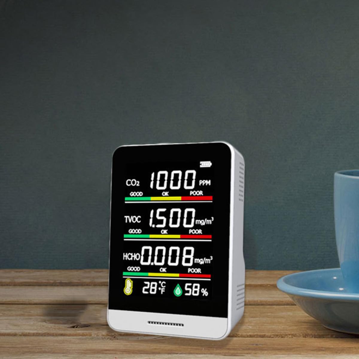 Medidor de Co2 Portátil para Calidad del Aire Sensor Hcho y Capacidad de 1200ma, Monitor de Temperatura y Humedad para Uso en Interiores