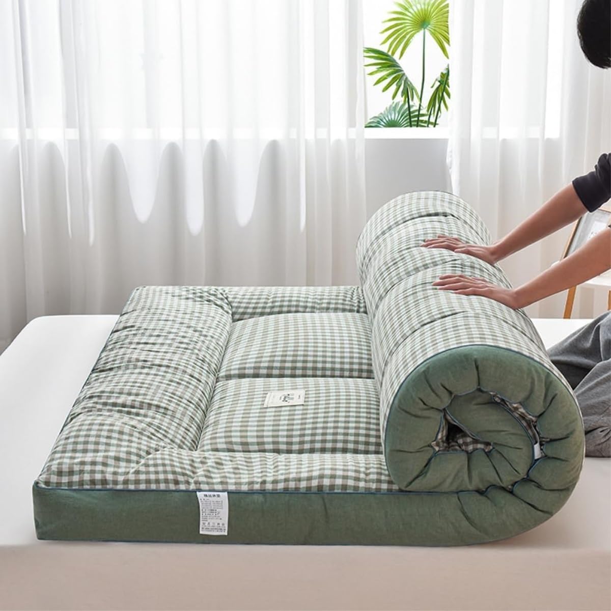 Matelas futon de Sol Japonais de Style Tatami Pliable et épais - Matelas de Camping Portable, Facile à Ranger, Tissu Respirant pour Canapé, Moyen, Moelleux(Vert,90x200cm)