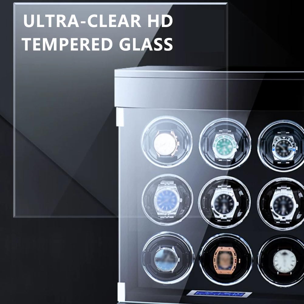 Relojero Automatico, Caja Relojes Almacenamiento en Altura Black 6 Slots | 10dB Cristal Templado Capacidad de Almacenamiento Protección Contra La Magnetización Pantalla Táctil Lcd