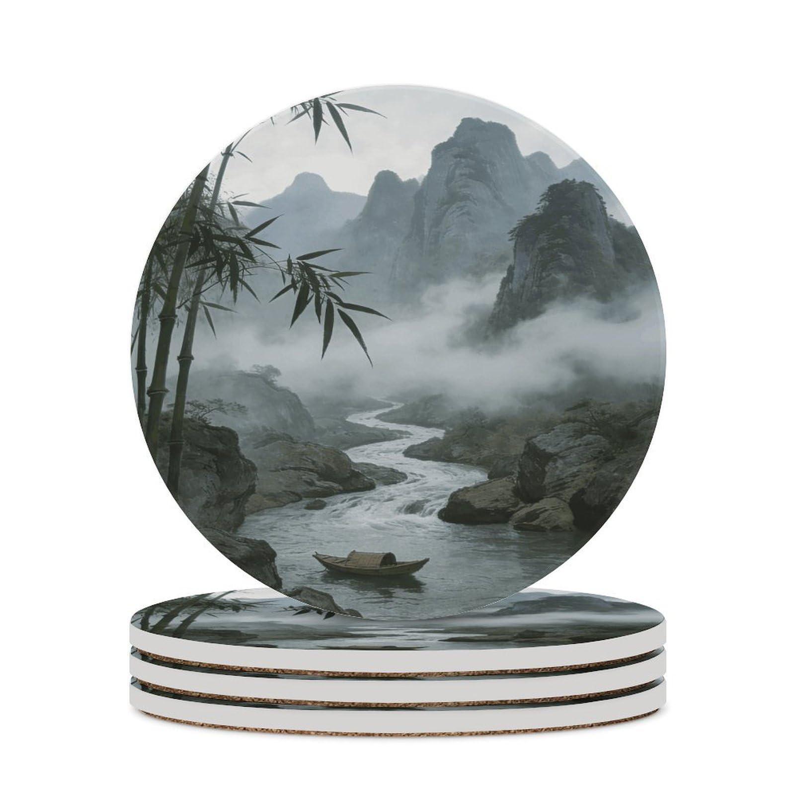 Rainy and Misty Return of The Boat Coaster with Cork Base Drink Coasters for Coffee Table Decor Modern Cup Coasters with Non-Slip & Heat-Resistant Cute Ceramic Table Coaster for Home Dining