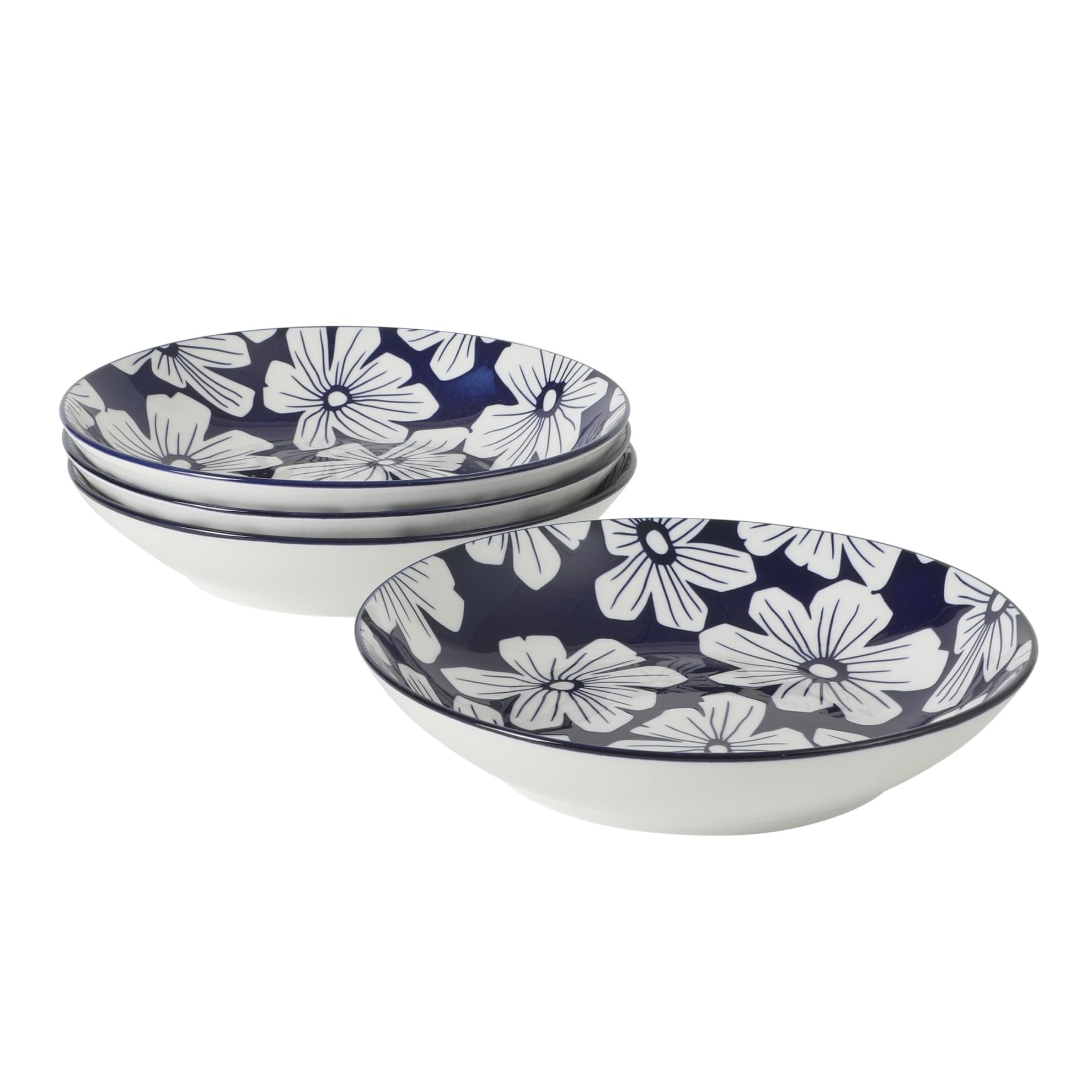 Gibson Home Heritage Sky 4-Piece Pasta Bowl Set, 8 Inch Round Stoneware Bowls, Blue &amp; White Floral Design, Decorative Everyday Use
