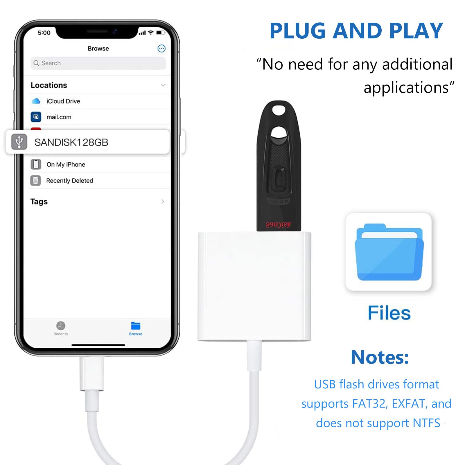 Lightning to USB Camera Adapter for iPhone with Lightning Charging Port USB 3.0 Female OTG Cable Keyboard Mouse No Support USB C, SSD
