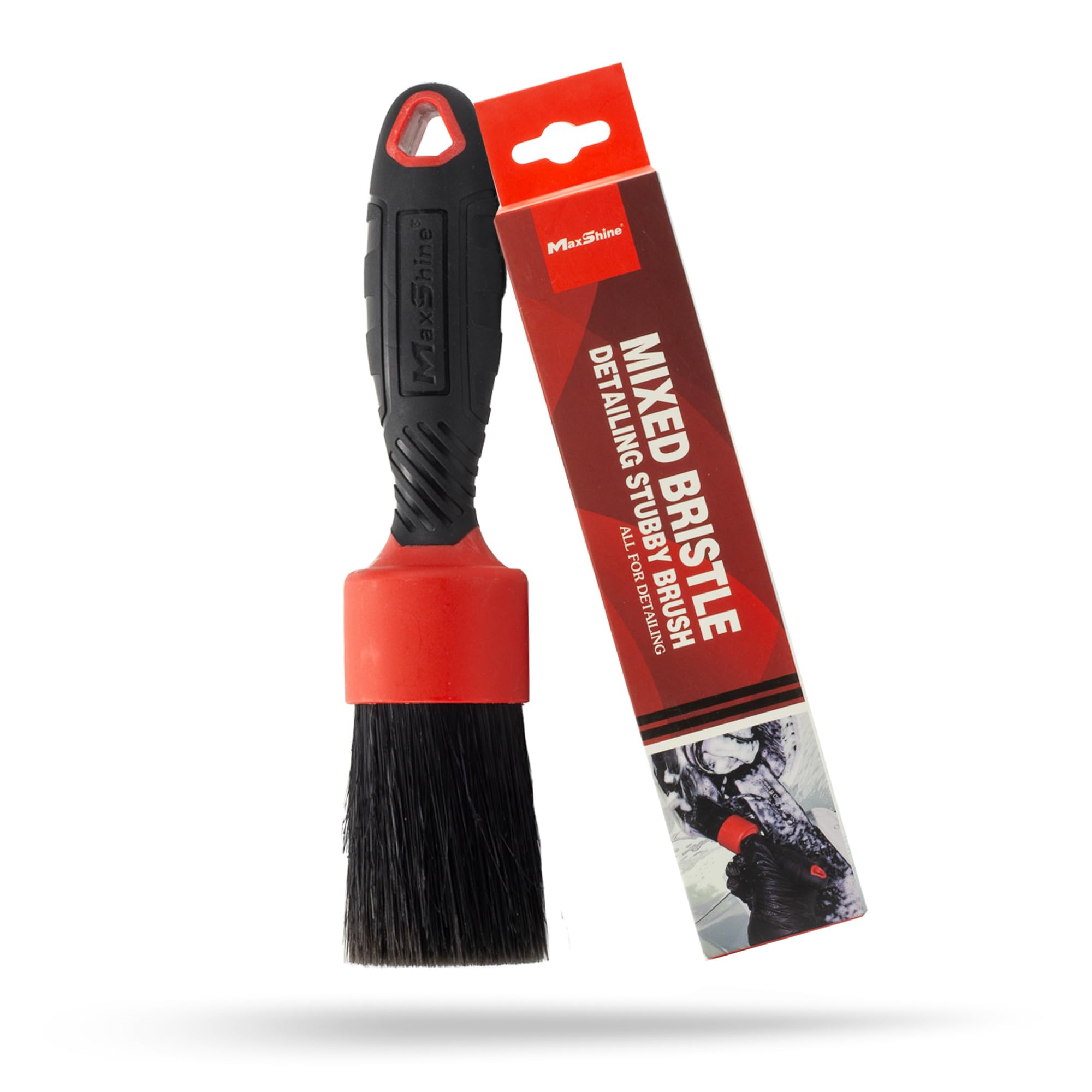 Maxshine Red Stubby Boar Hair Detailing Brush - Premium Detail Brush With 100% Natural Boar Hair Mixed Fiber For Auto Detailing, Wheels, Engine, Interior, Air Vents Cleaning - Bestselling Tool