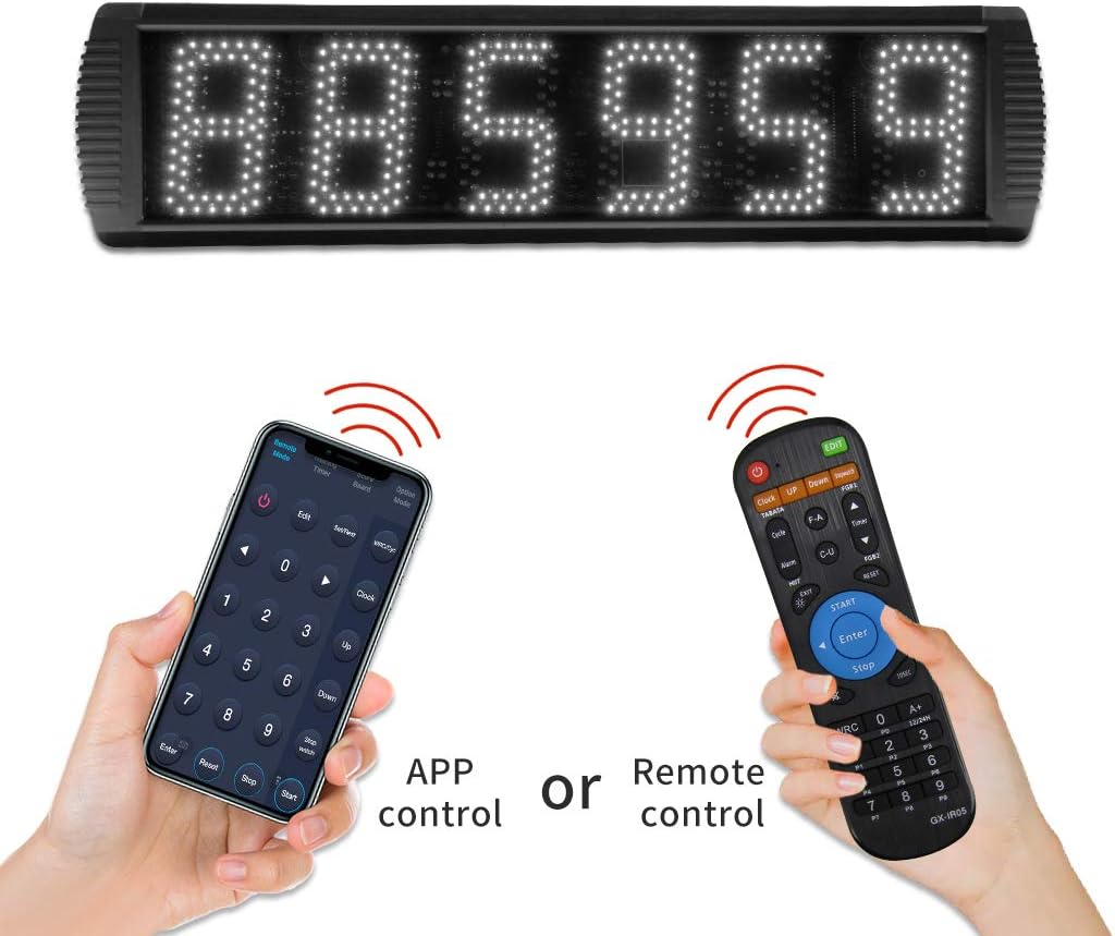 Two hands holding a smartphone with the GX_Remote app and a physical remote control, indicating dual control options for the clock.