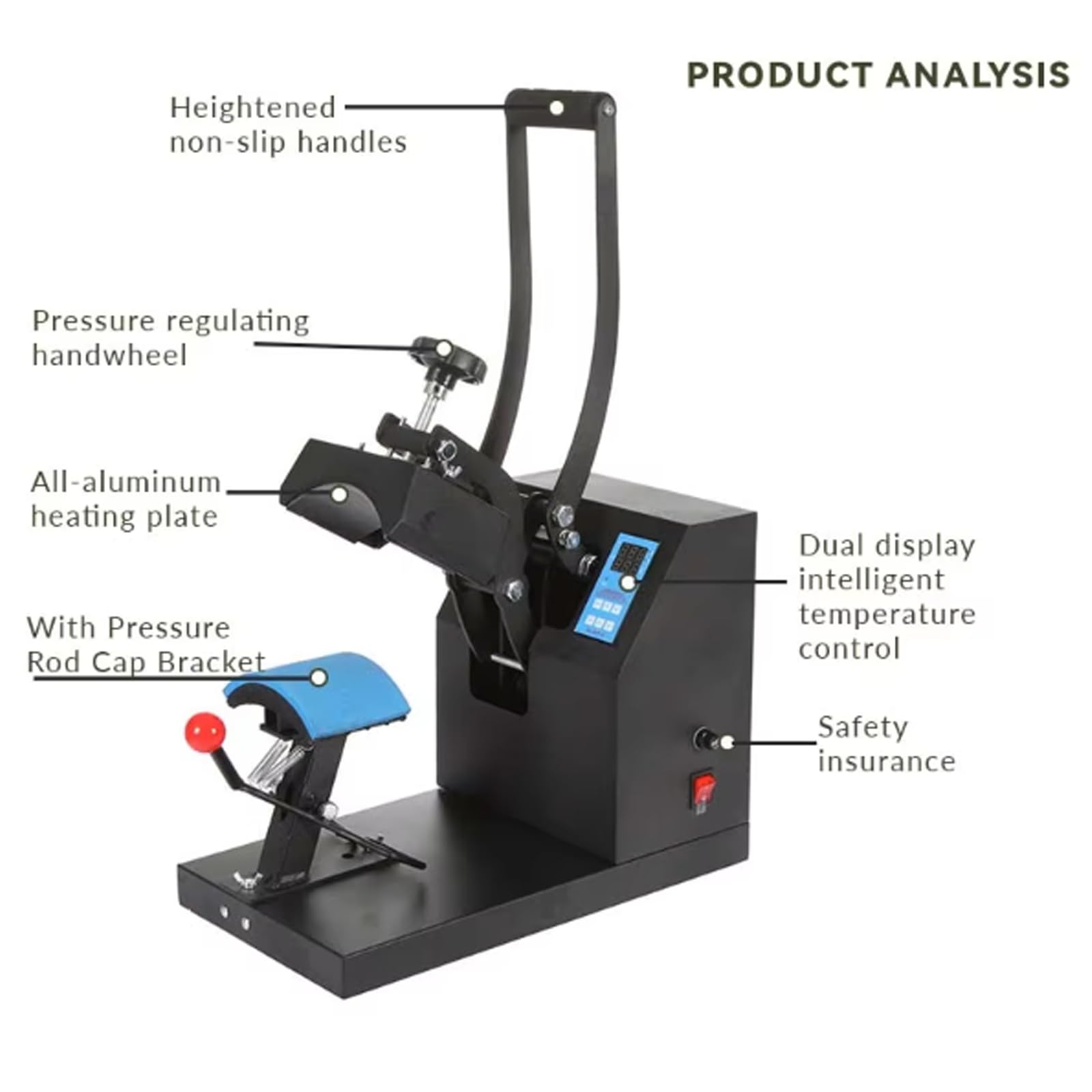 Kappenwärmepresse, 14 x 8 mm, gebogenes Element, Hutpresse, Clamshell-Design, professionelle Hutpresse, digitales LCD-Display, 0–999s Timer/Temperaturregelung 0–299 °C, für Mützen, T-Shirts, Taschen