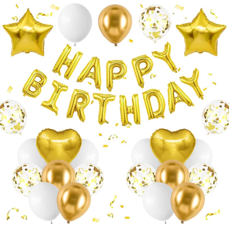 Gold Birthday Balloons Decorations 42 Pcs Gold Happy Birthday Letters Balloon Banner Pentagram Heart Foil Balloons Set For Boys Girls Party Supplies