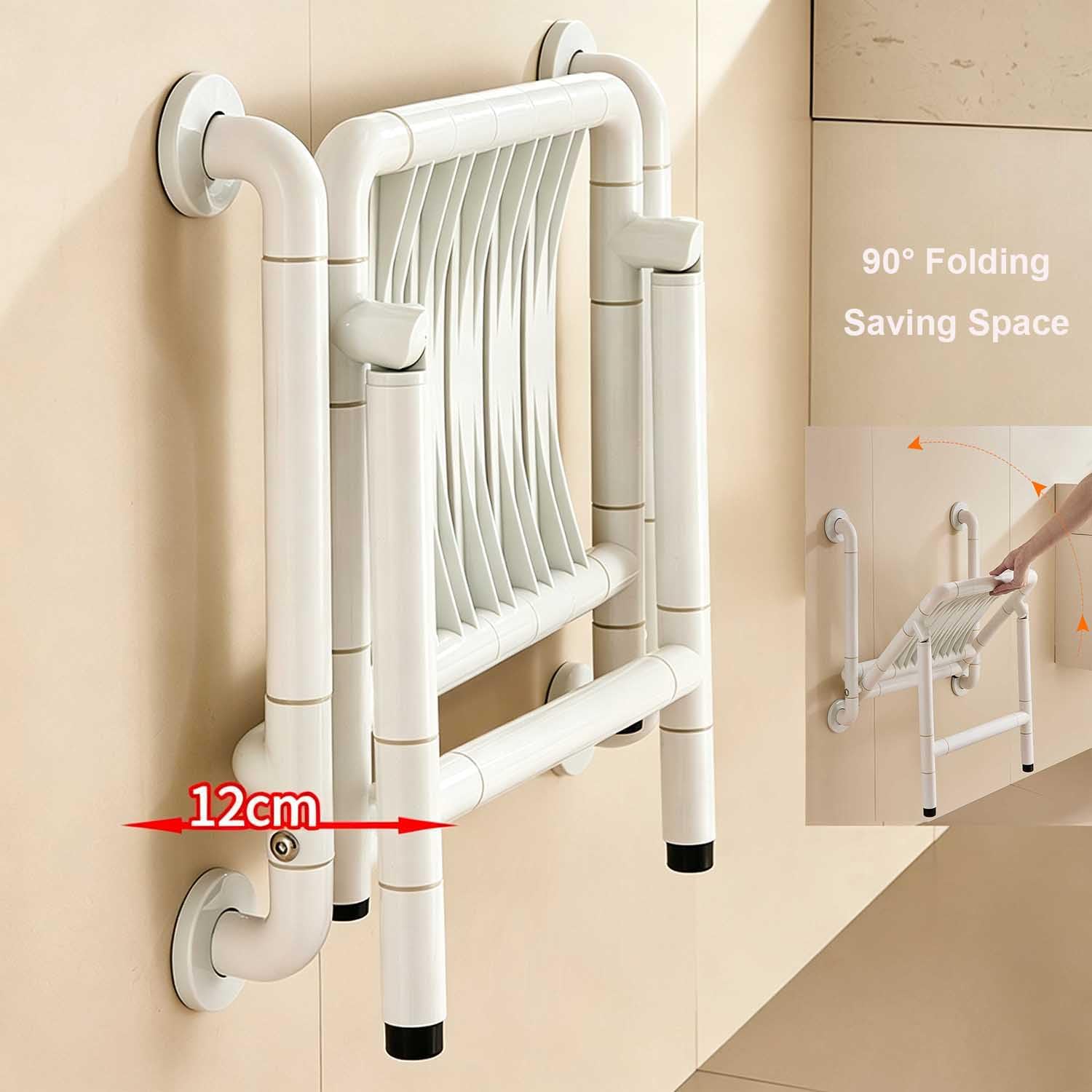Silla de Ducha Blanca Plegable Antideslizante para Ancianos | Asiento de Ducha Montada en la Pared,Taburete de Baño,Ahorra Espacio,Luminoso,Acero,Panel Reforzado,Soporta 150 kg