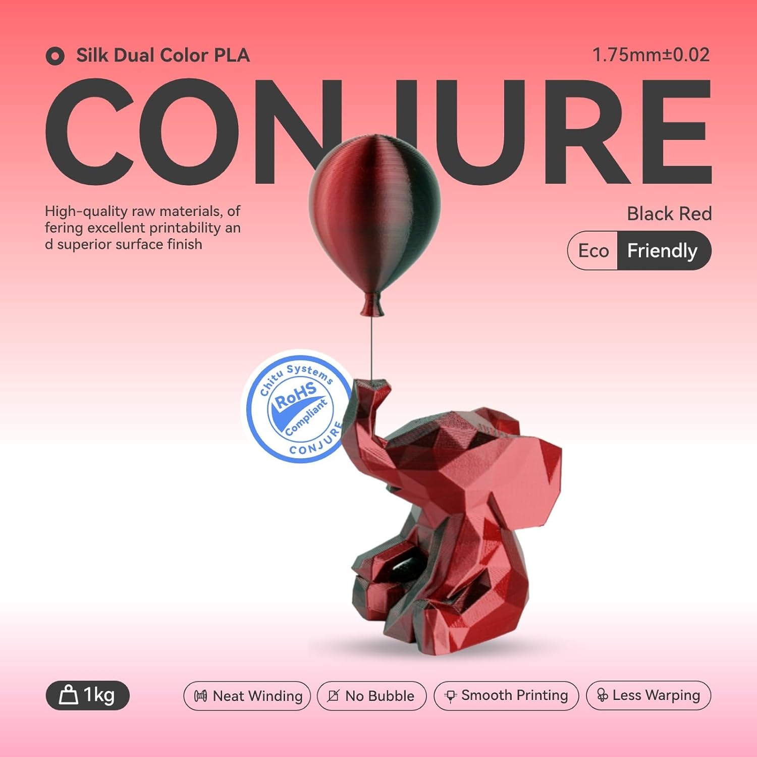 Chitu Systems Conjure Silk Dual Color PLA 3D Printer Filament 1.75mm, Reusable Spool Compatiable with Bambulab Refill Filament, Christmas Black Red Filament 1KG/2.2lb - Image 2