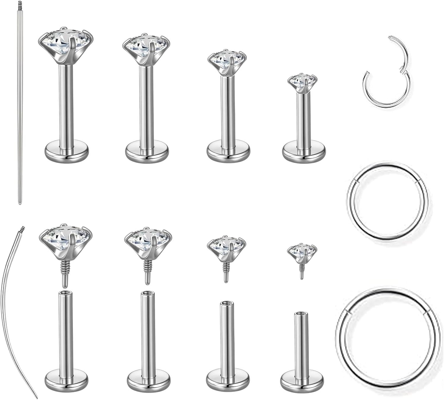 13Pcs 16G 18G Surgical Stainless Steel Internal Thread Stud Piercing Jewelry Set Nose Rings Hoops Flat Back Earrings Lip Labret Helix Cartilage Tragus Conch Studs Nostril Septum Ring Piercing Jewelry for Women Men