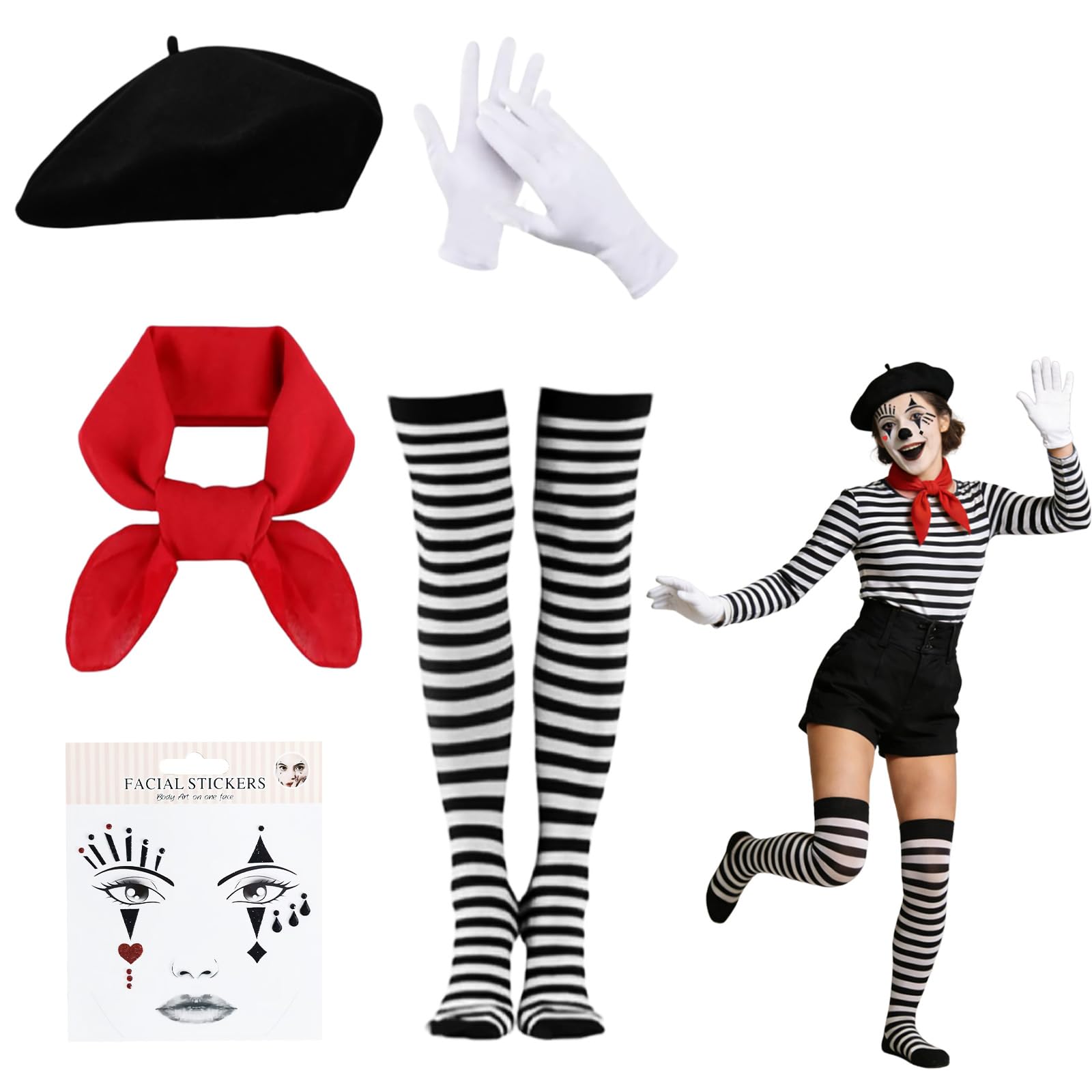 dellyy Conjunto de disfraz de mimo de 6 piezas para hombre y mujer, disfraz de payaso de circo, ideal para circo, carnaval y Halloween. Incluye boina, tatuaje, medias, bufanda y guantes.