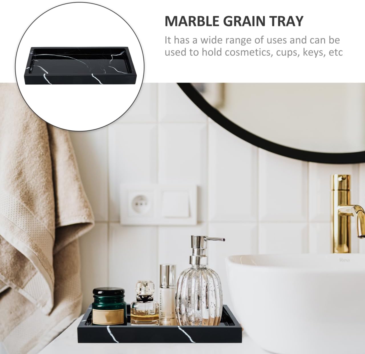 PRETYZOOM Black Marble Bathroom Tray Oval Vanity Tray 7.87X3.93 Inches Calcutta Marble Restroom for Kitchen Dresser Home Decor