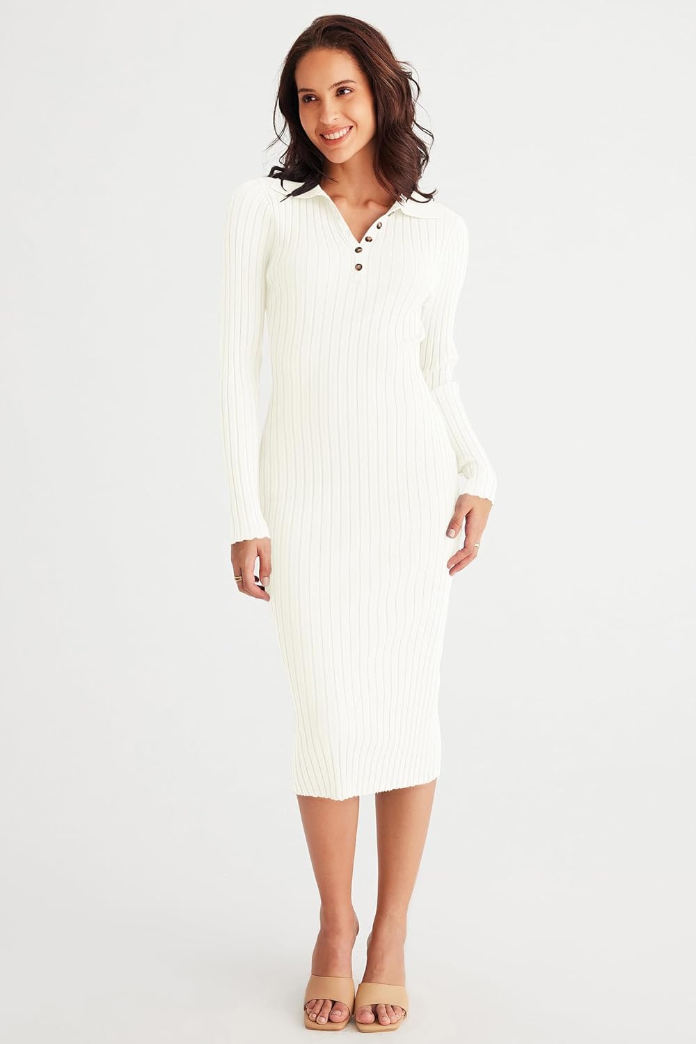 MEROKEETY Womens 2025 V Neck Ribbed Sweater Dress Long Sleeve Bodycon Knit Midi Dresses - Image 6