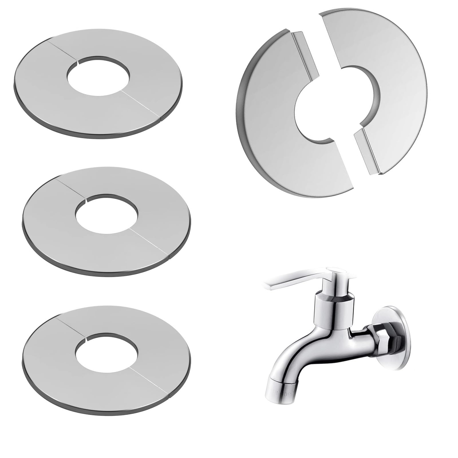 Pack de 4 Rosetas de Acero Inoxidable 28 mm, Cubretubos Decorativos, Collarines para Tubos de Radiador, Grifos y Cañerías, Diseño 2 Piezas con Adhesivo, para Interior y Exterior (Plata)