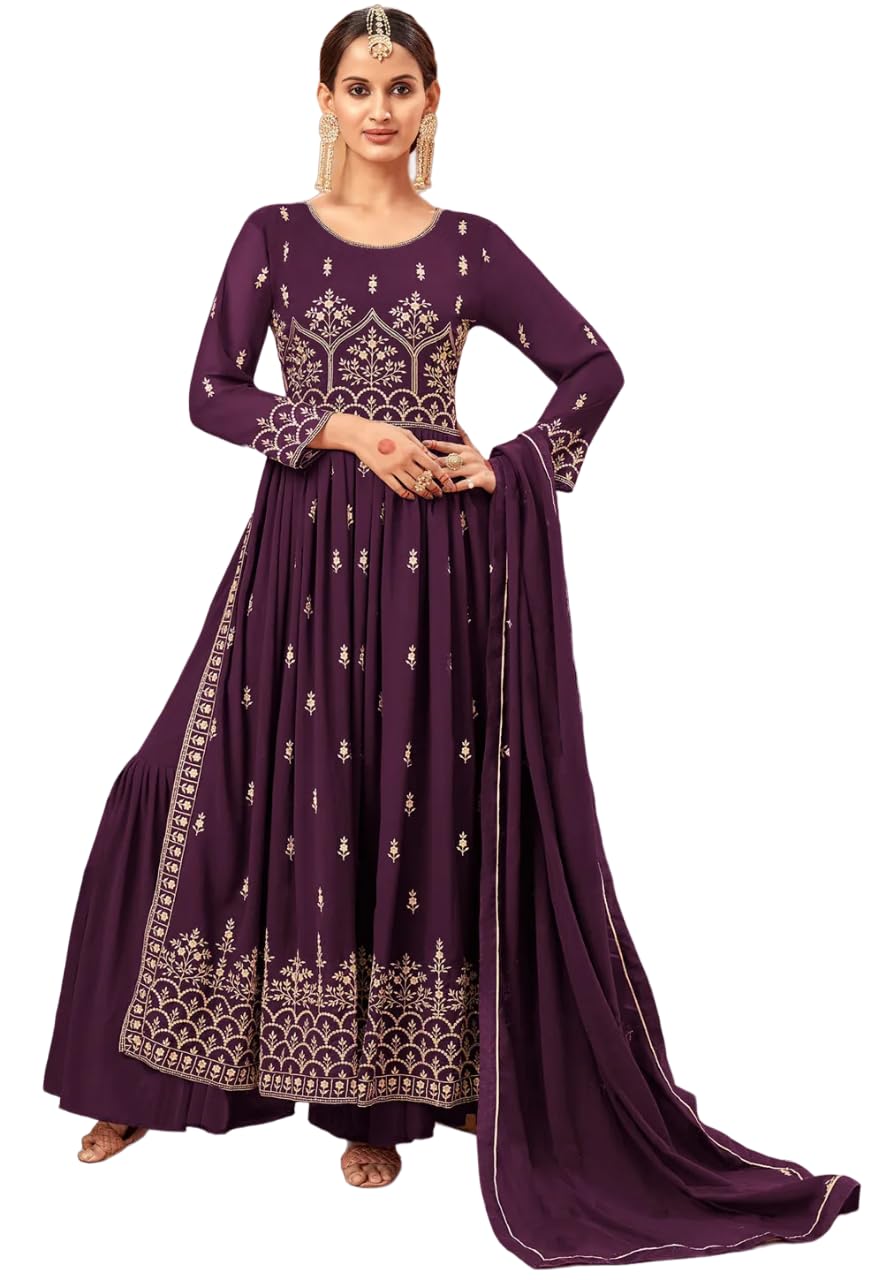 Xomantic Fashion Women's Resham Work Purple Color Nyra Cut Kurta Sharara Set With Dupatta