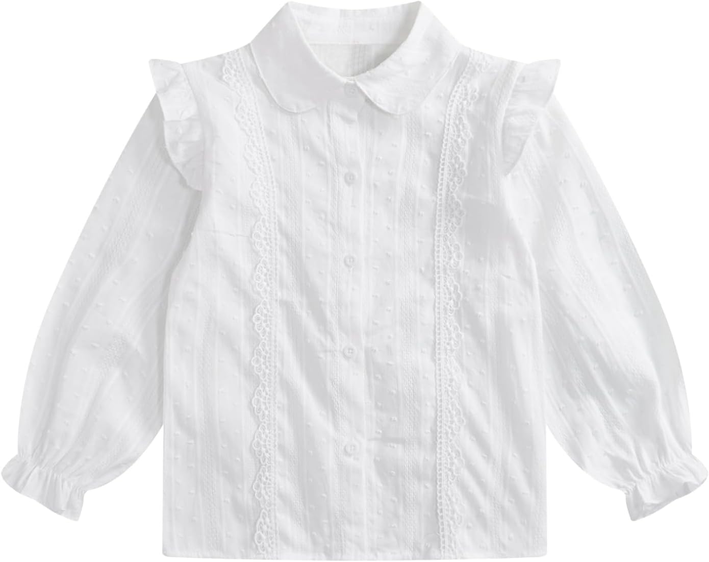 Hularka Kids Girls Lace Trim Ruffle Long Sleeve Button Down Shirt School Uniform Shirt Princess Blouse Top