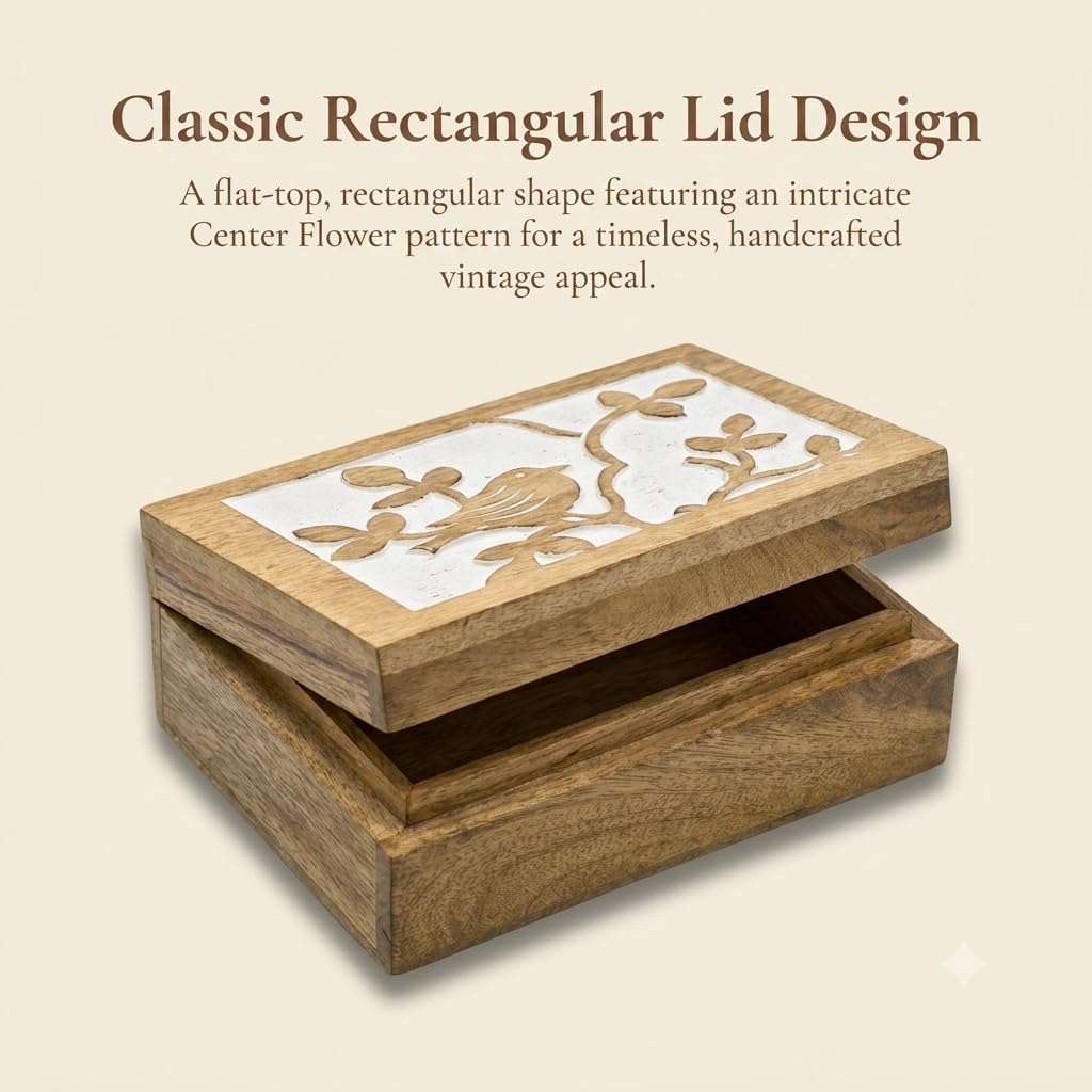 STORE INDYA Wooden Hand Carved Decorative Box with Bird Carving | Jewelry Organizer Keepsake Box | Treasure Chest Trinket Holder | Handcrafted Mango Wood | Gifts for Women Girls image 5
