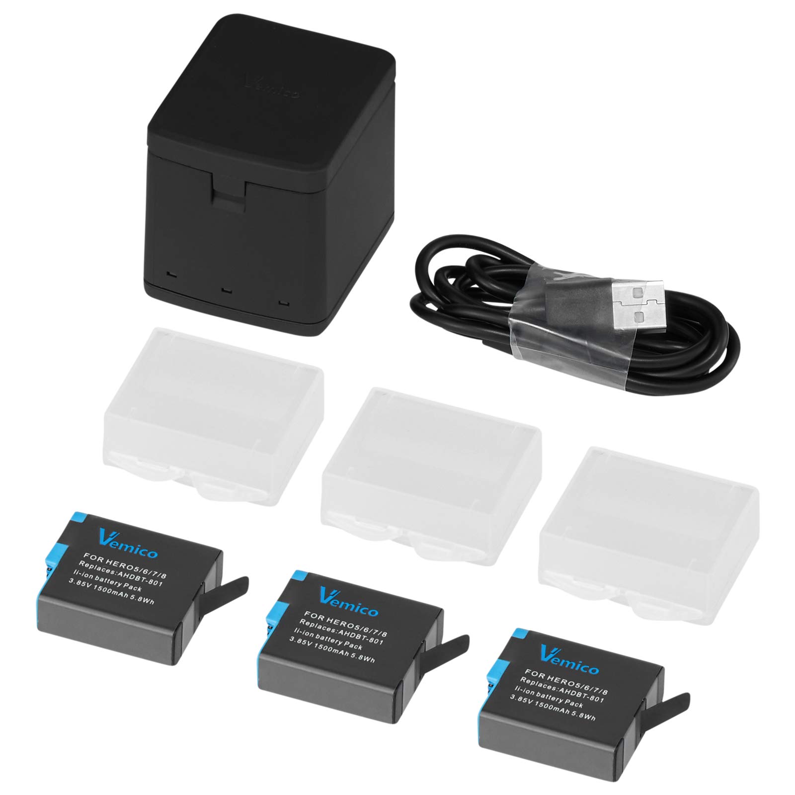 Vemico Hero 8 Akku Ladegerät Kit 3 Pack 1500 mAh ErsatzAkku 3 Kanal Ladebox Typ-C USB Mit Einem Schutzdeckel Ladegerät für Hero 8/Hero 7/Hero 6/Hero 5/AHDBT-801 (Vollkompatibel mit Orginal)