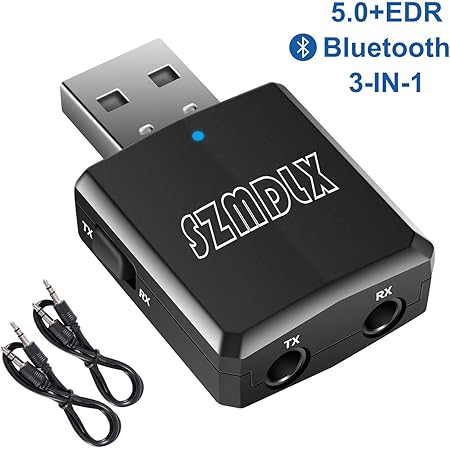SZMDLX USB Bluetooth 5.0 Transmitter Receiver 3 in 1, HiFi Wireless Audio Adapter, Bluetooth 5.0 EDR Adapter with 3.5mm AUX for Car TV Headphones PC Home Stereo, USB Power Supply, Plug and Play