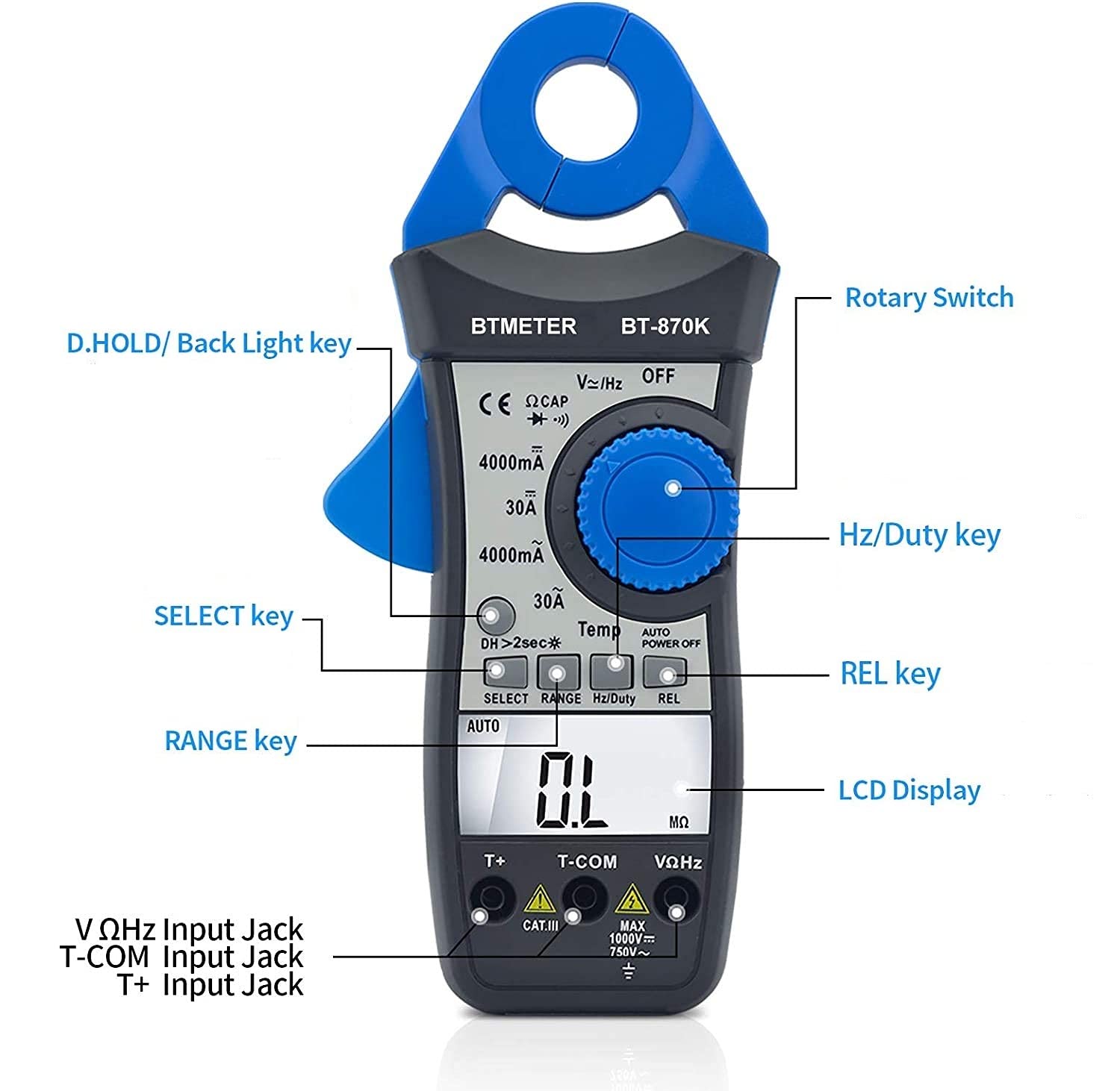 BTMETER Clamp Multimeter BT-870K, DC AC Digital Voltage Current Meter, Auto Electric DMM Tester Avometer for Volt Amp Ohm Hz Temp Diode Continuity