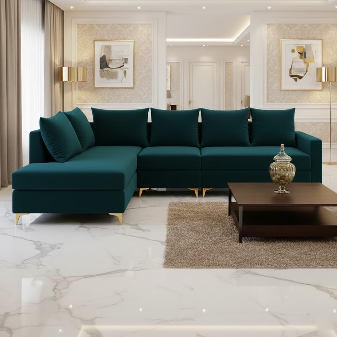 Rihanna 6 Seater Fabric LHS L Shape Sofa Set | Soft Velvet Upholstery, Sturdy Wooden Frame | Stylish Sofa for Living Room, Hall & Office Spaces (Greenish Teal)