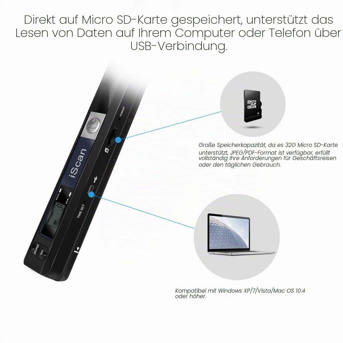 Tragbarer Dokumentenscanner mit 16GTF-Karte, 900 DPI A4 Handscanner Dokumentenscanner, JPG/PDF Hochgeschwindigkeits-USB 2.0 Farbfoto Portable Scanner für Dokumente Quittungen Fotos (Schwarz)