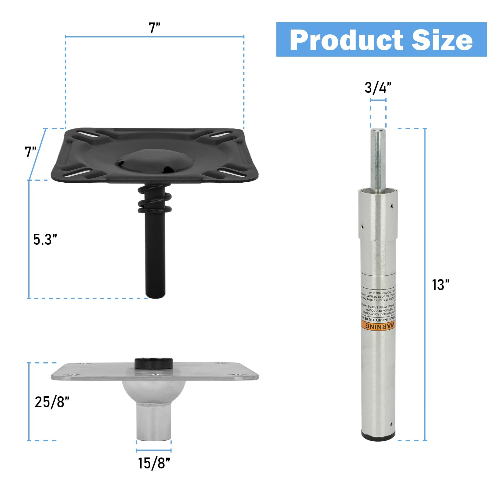 Paquete de 2 piezas de montaje de base de pedestal para asiento de barco con placa de pedestal de base marina de 7 x 7 pulgadas, poste de asiento giratorio de barco de 3/4 pulgadas, kit de asiento de