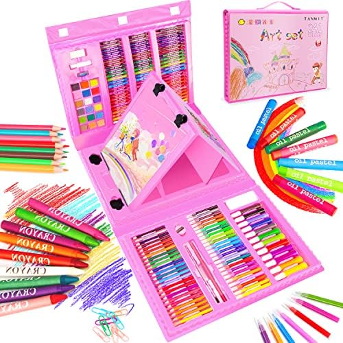 241 PCS Art Supplies, Drawing Art Kit for Girls Boys Teens, Artist Beginners Craft Set with Trifold Easel, Sketch Pad, Coloring Book, Pastels, Crayons, Pencils(Pink)