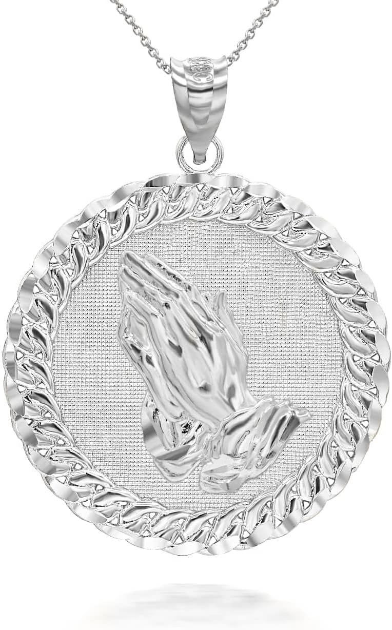 Claddagh Gold Solid 925 Sterling Silver Praying Hands Cuban Link Round Frame Pendant Necklace and Pendant Only