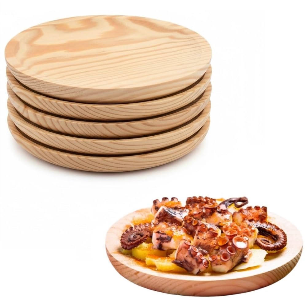 6x Plato de madera para pulpo, pizza, charcuteria, quesos, tapas, entrantes, vajilla para comida, tabla de picar, fuente para alimentación. (6x 30cm)