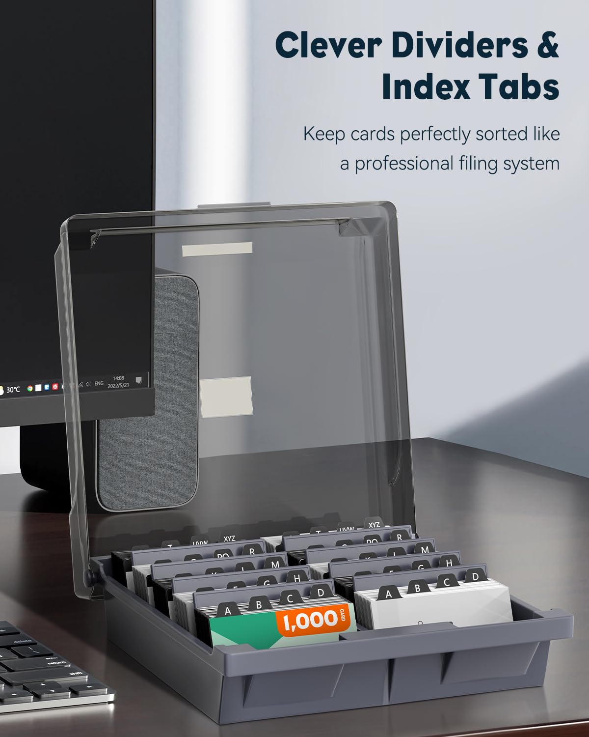 Uniclife Porte-cartes de visite en plastique pour bureau avec couvercle, séparateurs et onglets alphabétiques, porte-fiches de bureau, capacité de 1000 cartes