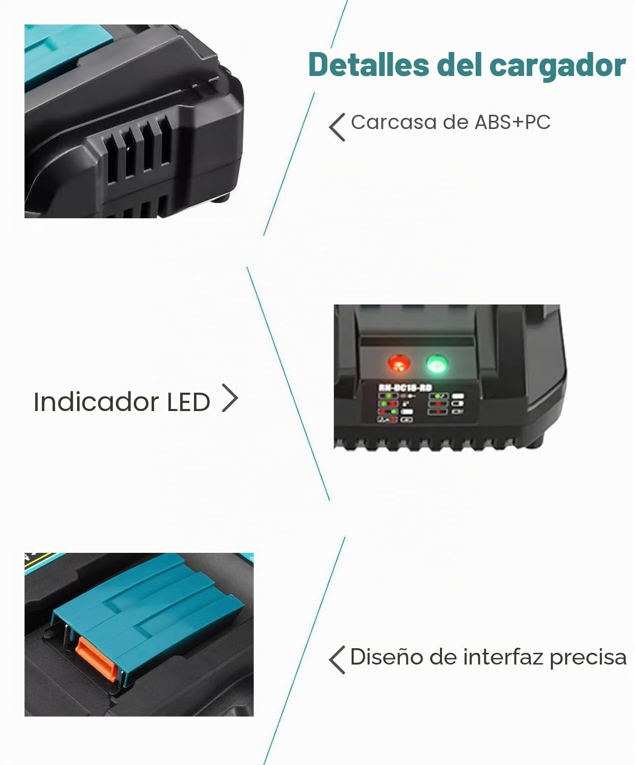 7,2~18 V Chargeur Rapide Cargador DC18RD 4A para Makita BL1830 BL1840 BL1850 BL1815 194204-5 194205-3 Batería de Repuesto para DC18RC DC18RA Cargador con Pantalla LED