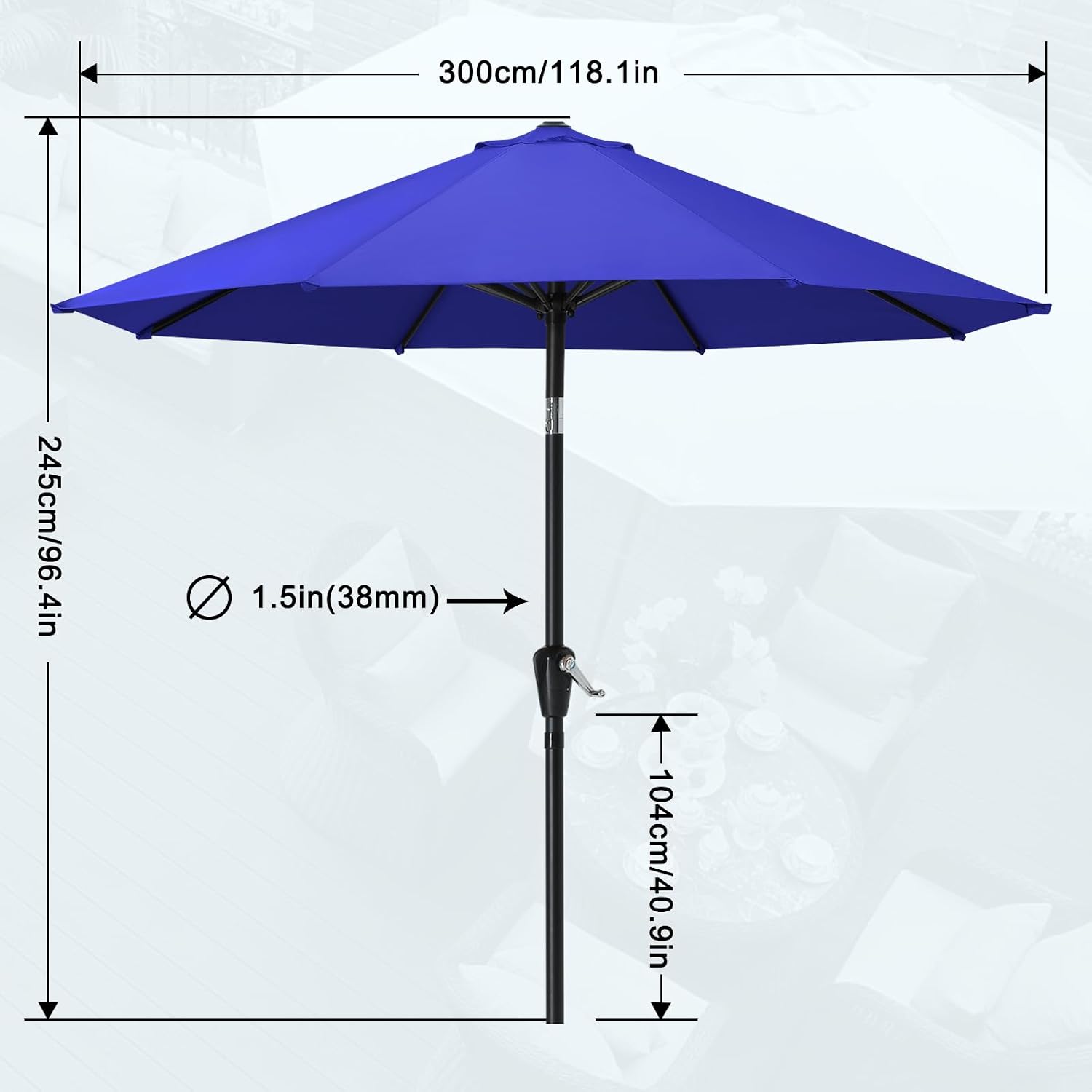 MASTERCANOPY 10FT Patio Umbrella with Push Button Tilt and Crank, Outdoor Market Umbrella with 8 Sturdy Ribs, UV Protection & Waterproof for Garden, Deck, Backyard, Pool (Blue)