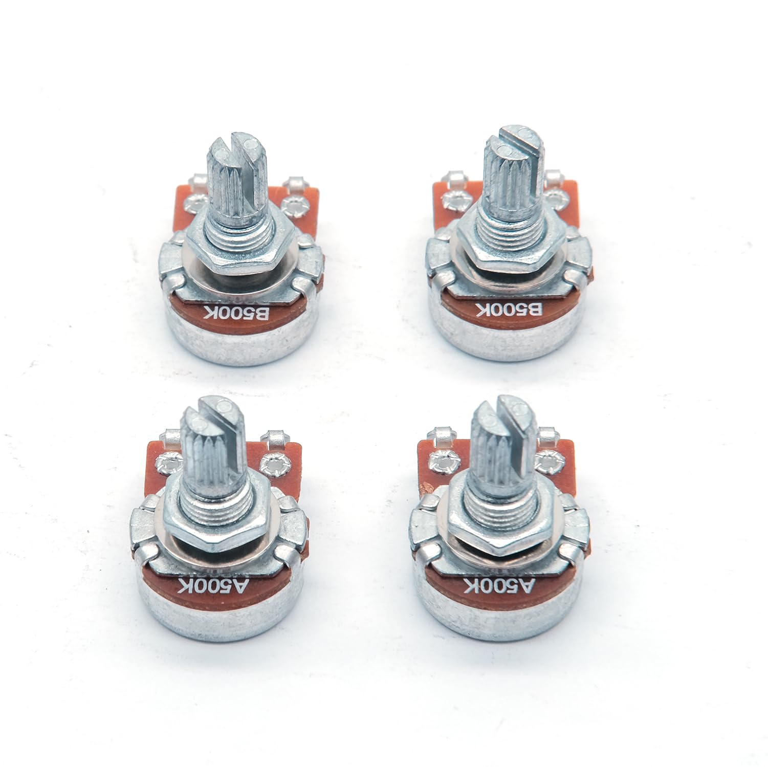 harpfeas 4PCS Mini Guitar Potentiometer Audio Volume Taper Pots for Fender Stratocaster Telecaster Guitar Bass Replacement (Short 15mm, A500K B500K)