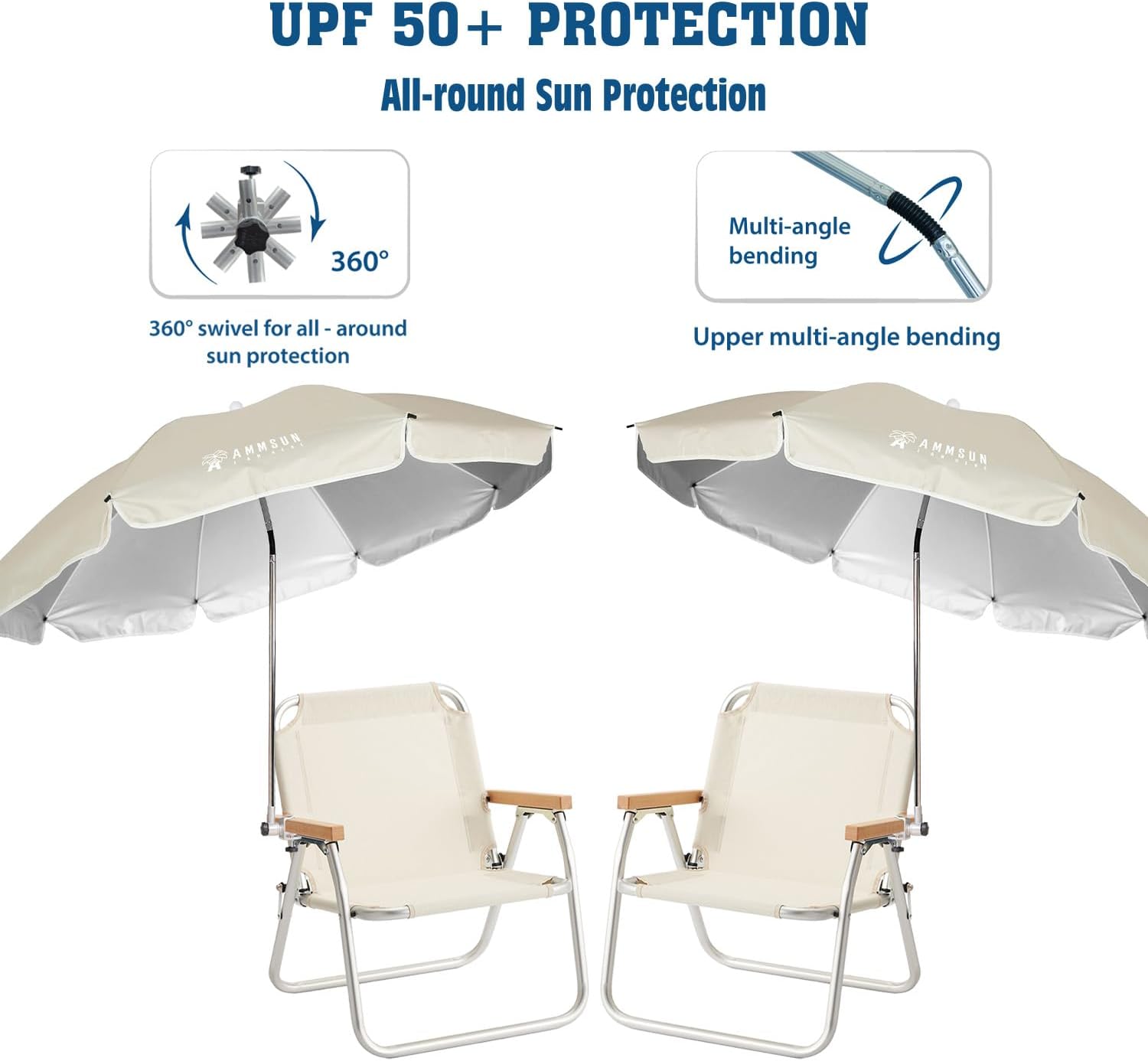 AMMSUN Chair Umbrella with Universal Clamp Adjustable 47 inches and 360° Swivel & UPF 50+ Protection Portable Sun Umbrella, Secure Clip on Camping/Beach Chairs, Stroller, Wheelchair, Golf cart, Lounger, Beige, 2 PACK