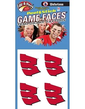 Fan A Peel Wisconsin Waterless Peel & Stick Temporary Spirit Tattoos 4-Piece Red W, 1 Count