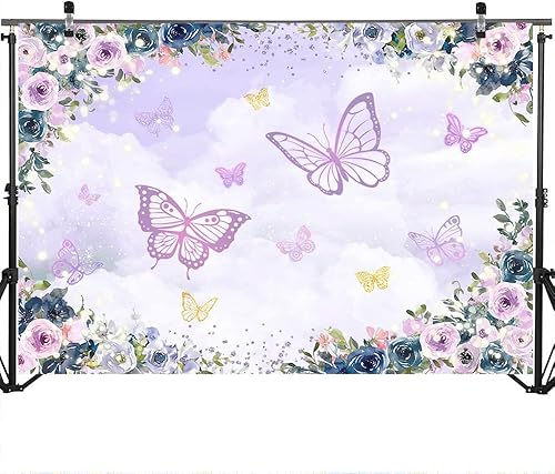 Miniatura 3 de Mocsicka Telón de fondo de mariposa violeta con diseño floral para niña, decoración de fiesta de mariposa, boda, cumpleaños, mariposa, baby shower,