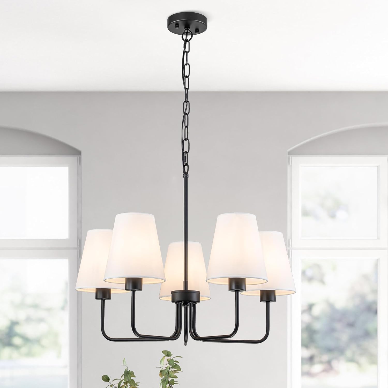 5-Light Modern Chandelier, Matte Black Farmhouse Light Fixture with White Fabric Shades, Height Adjustable Pendant Lighting for Dining Room, Kitchen Island, Living Room, Bedroom, Hallway