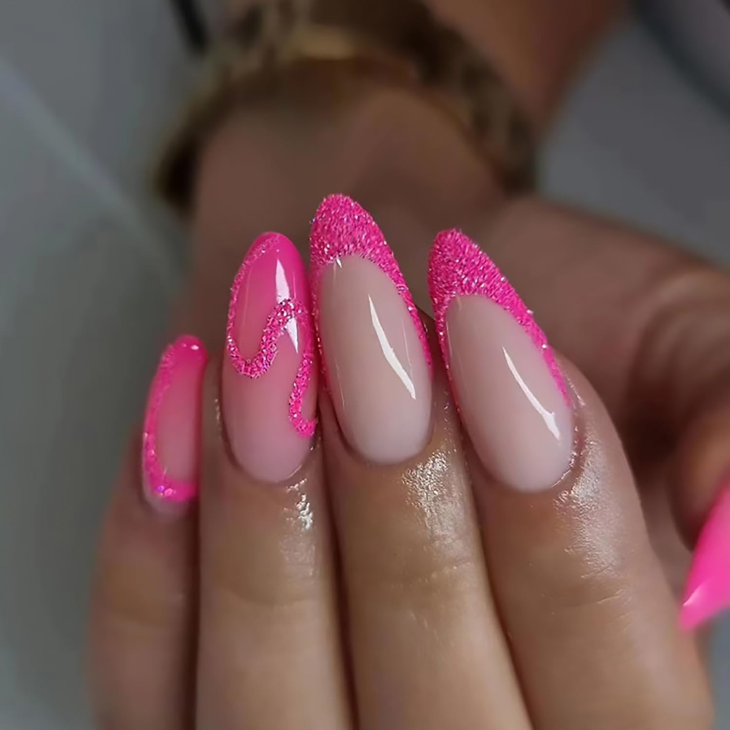 Hot Pink Gradient French Tip Press on Nails Medium Almond Fake Nails Pink Glitter Designs False Nails Full Cover Stick on Nails Reusable Acrylic