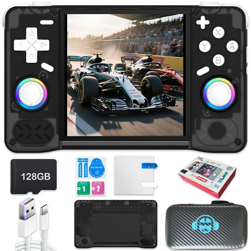 Retro-Handheld-Spielkonsole, 10,2 cm IPS-Bildschirm mit Aufbewahrungstasche, integriertes 64 G mit 18000 Spielen, Linux-System, tragbare Mini-Arcade (Schwarz, 128 g)