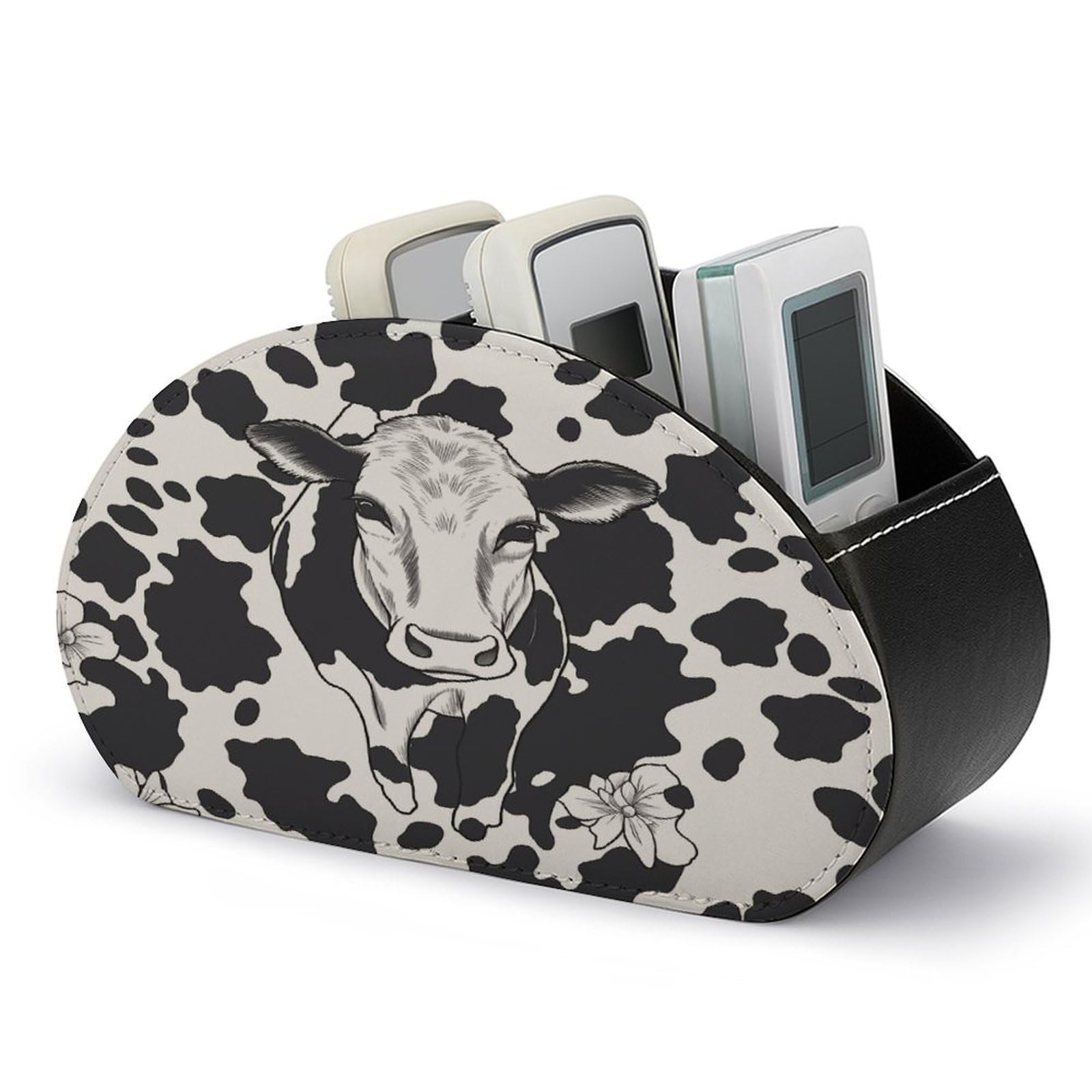 FekiLoot Black And White Cow Remote Control Holder with 5 Compartments Remote Organizer Caddy for Table TV Remote Caddy Storage Box/Tray Fits Media Controllers Office Supplies