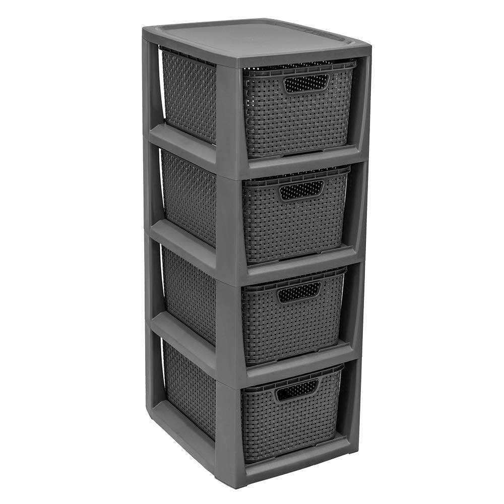 BranQ - Home essential, Rattan Design BPA Free Plastic 4 Drawer Storage Unit, Ideal for Home Office, Bedroom and Bathroom Storage, 29.5 x 24 x 64.2 cm (LxWxH) - Anthracite