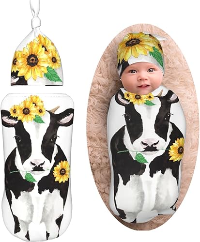 AuHomea Manta decorativa de vaca con girasoles para bebé de 0 a 6 meses para niñas de 0 a 6 meses, saco de dormir ajustable para recién nacidos