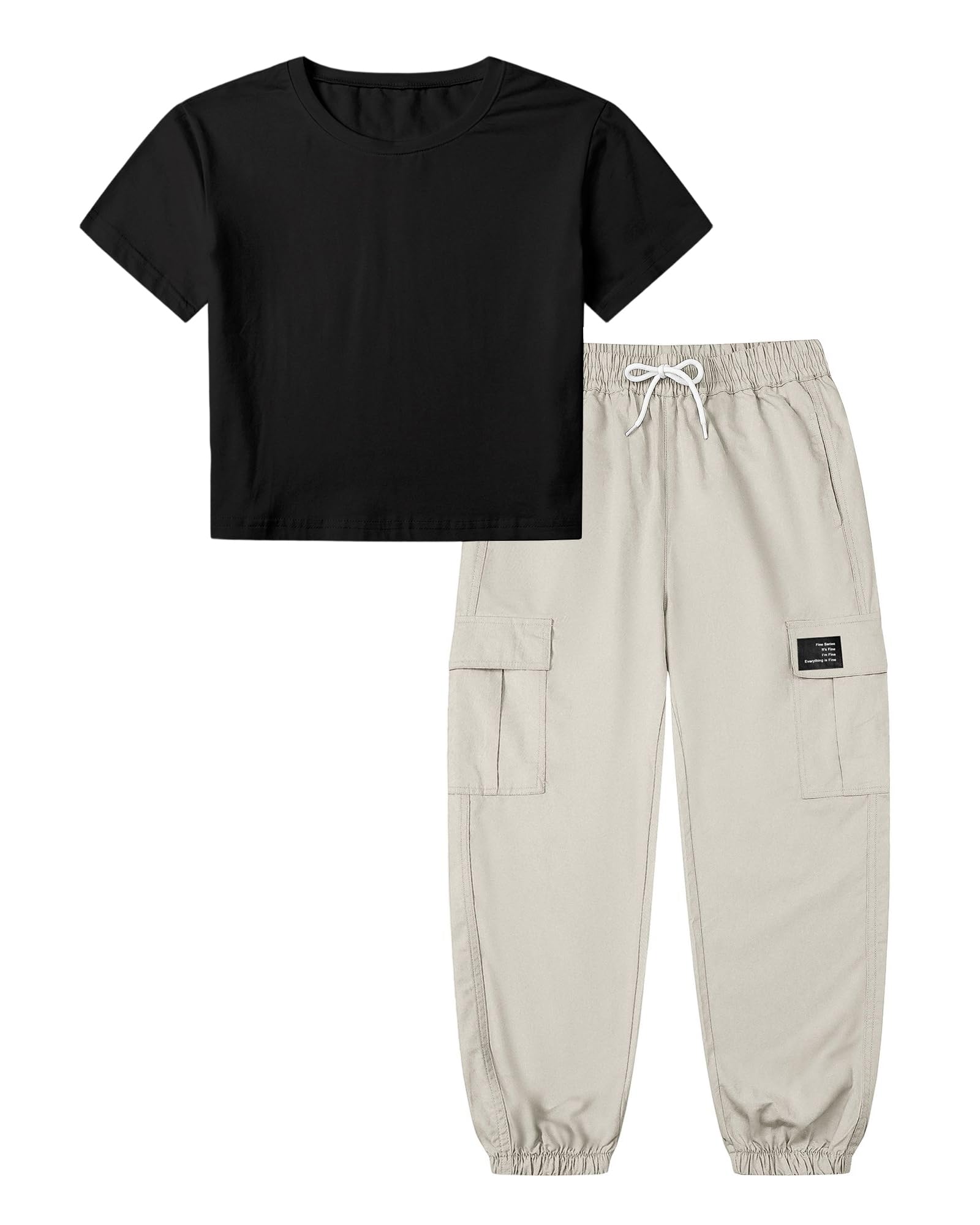 Betusline Girls 2 Piece Summer Outfits,Black Cute Short Sleeve Crop Tops + Beige Cargo Jogger Pants Clothes,11-12 Years = Tag 160