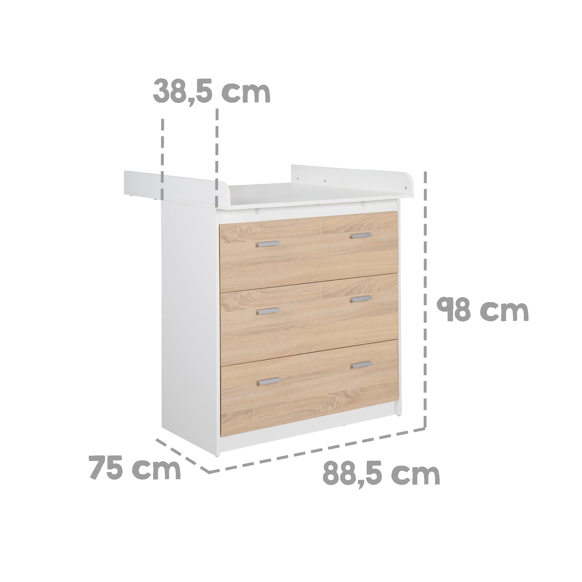 roba Chambre Bébé Complète Gabriella - Lit Évolutif 70 x 140 cm + Commode à Langer Étroit + Armoire 3 Portes - Blanc/Décor Bois