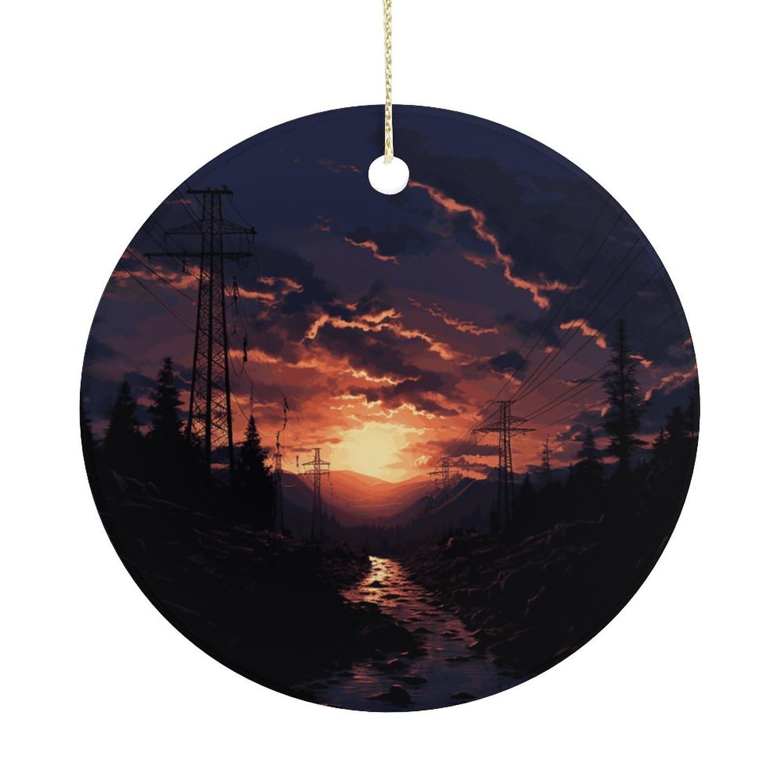 Dusk Scenery Christmas Ornaments Colorful Round Ceramic Ornament Christmas Hanging Decor Christmas Tree Decorations Xmas Keepsake for Women Men Xmas Holiday Party