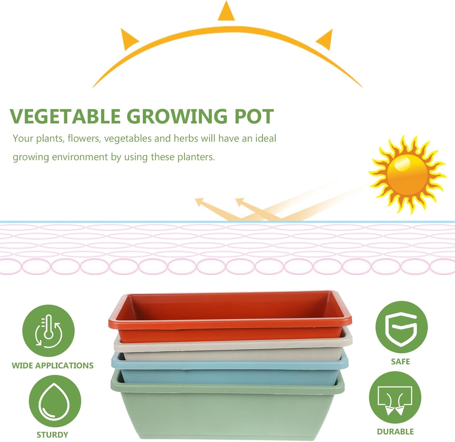 jojofuny 4 Sets Medium Rectangular Vegetable Growing Planters with Drainage Trays, Plastic Window Box Garden Pots for Indoor Outdoor Balcony, 43cm Length, Multi-Color