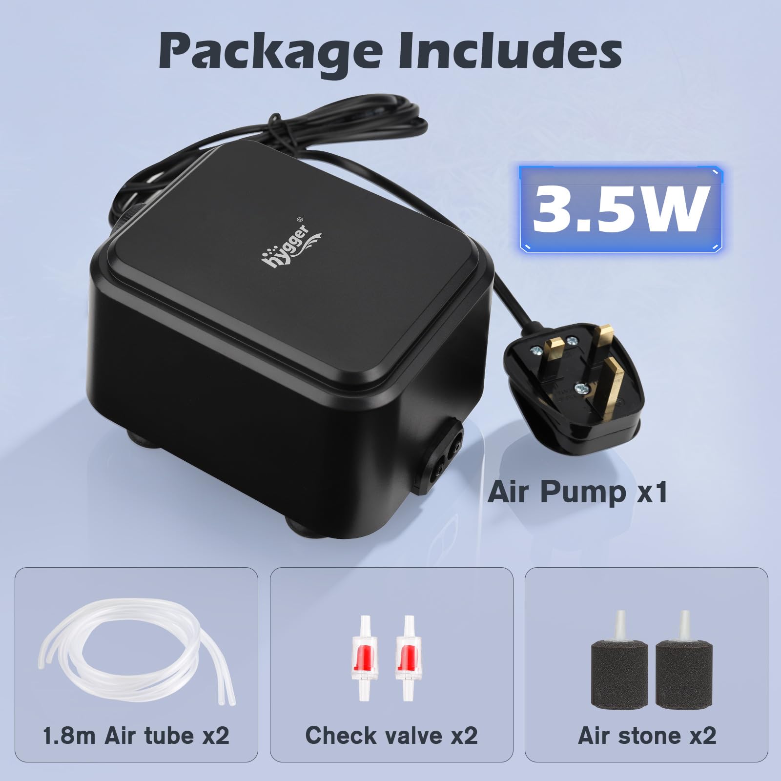 hygger Bomba de aire silenciosa para acuarios <30 dB, de oxígeno de bajo ruido ajustable para acuarios con 2 salidas de aire de ventilación silenciosa (3.5 Vatios, hasta 454 L)